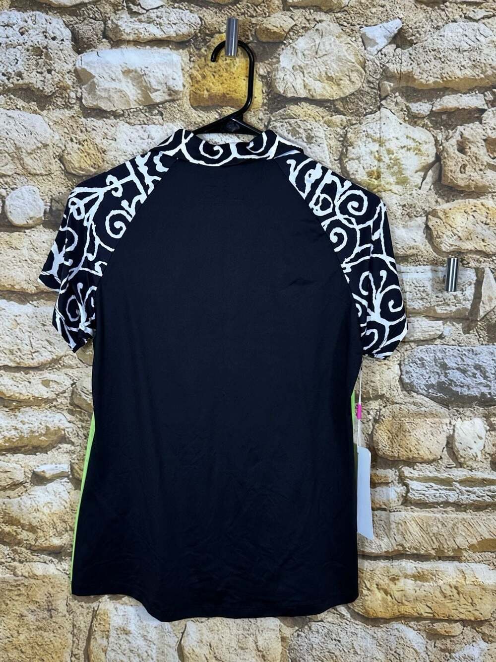 Dolcezza Golf Wear Polo Shirt - Black and White Patterned with Lime Green Trim - Picture 5 of 6